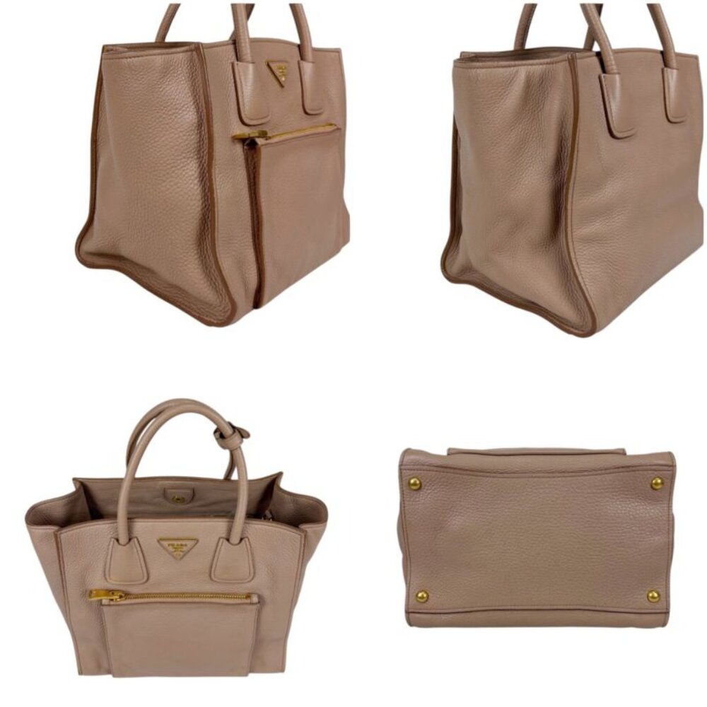 Prada 2-Way Tote Shoulder Bag Vittero Dino Leather Triangle Logo Pink Beige - Picture 4 of 14